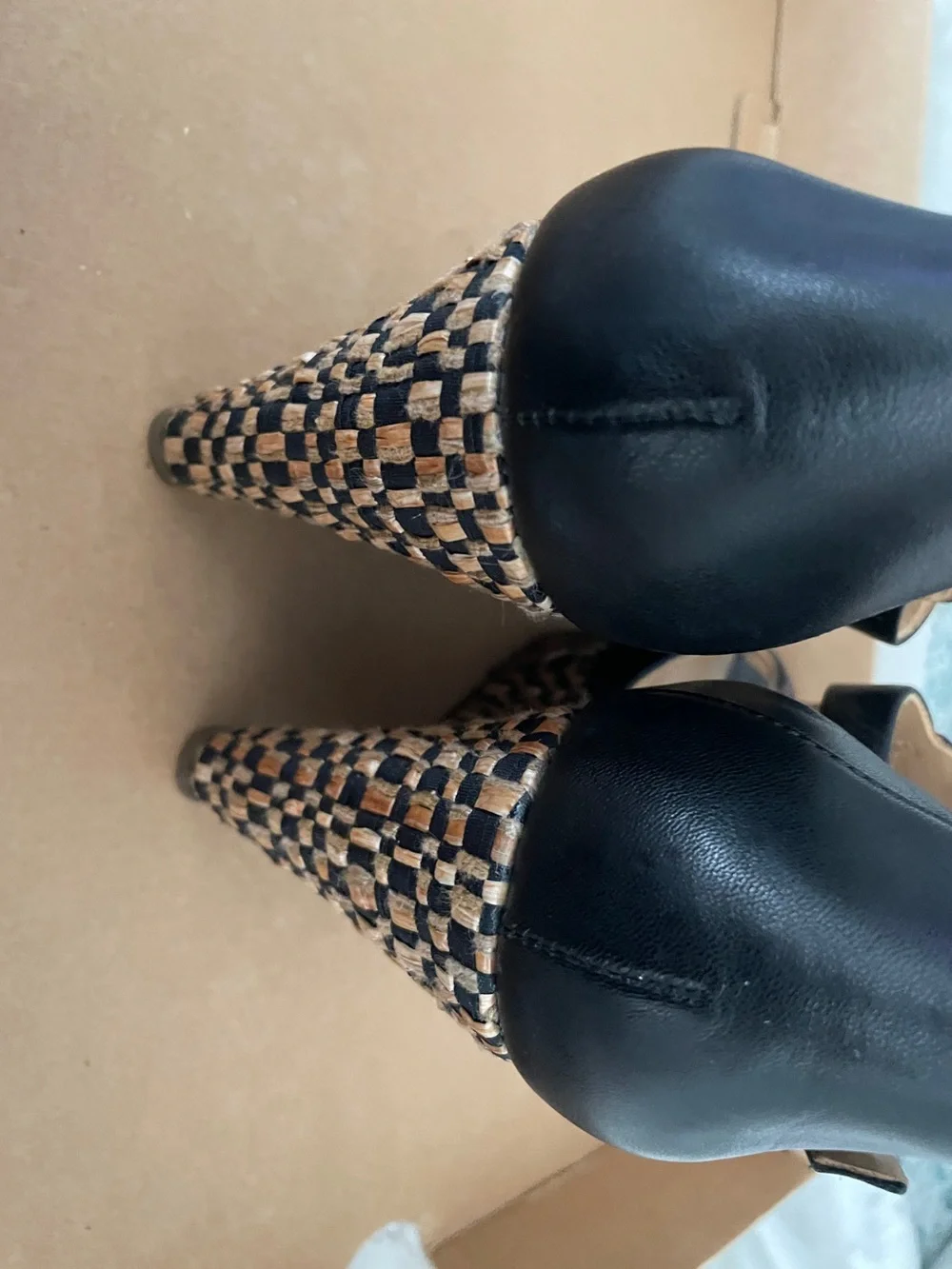 Elaine Turner Julia wedges in black leather with an optic basket weave pattern